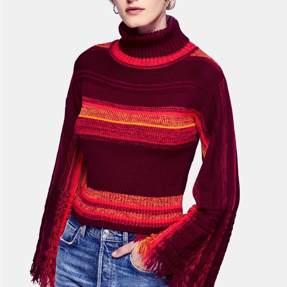 Free People Striped Flared-Sleeve Turtleneck Sweater